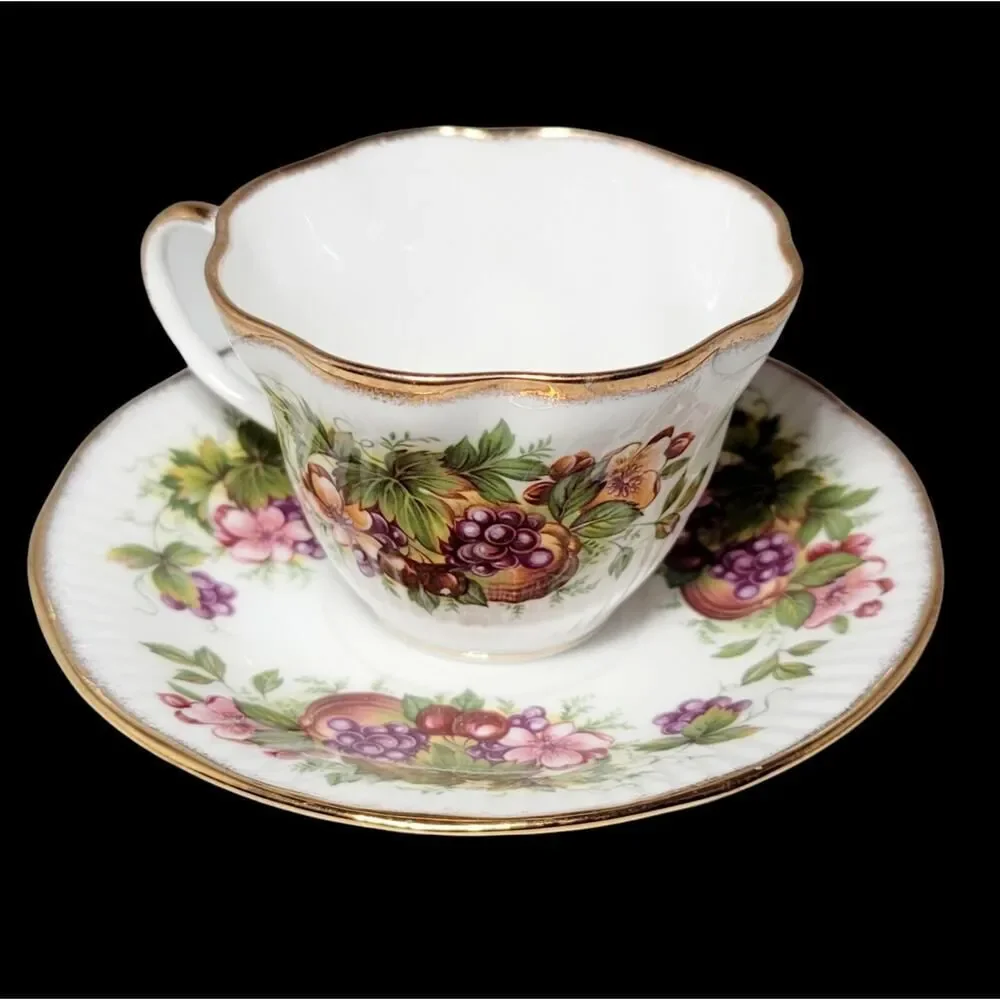 RARE VINTAGE ROYAL MINSTER TEA CUP AND SAUCER FINE BONE CHINA FLOWERS AND FRUITS